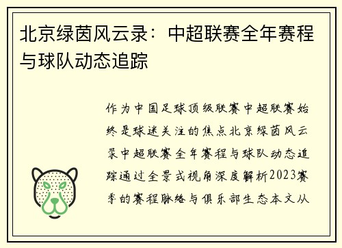 北京绿茵风云录：中超联赛全年赛程与球队动态追踪